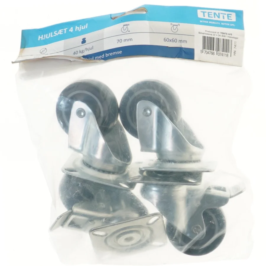 Hjulsæt med 4 hjul og bremse fra Tente (str. 6x6 cm)