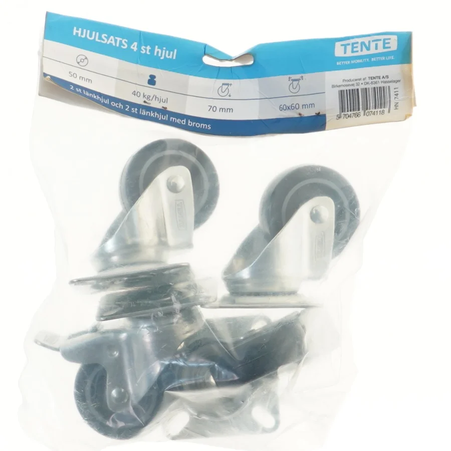 Hjulsæt med 4 hjul og bremse fra Tente (str. 6x6 cm)