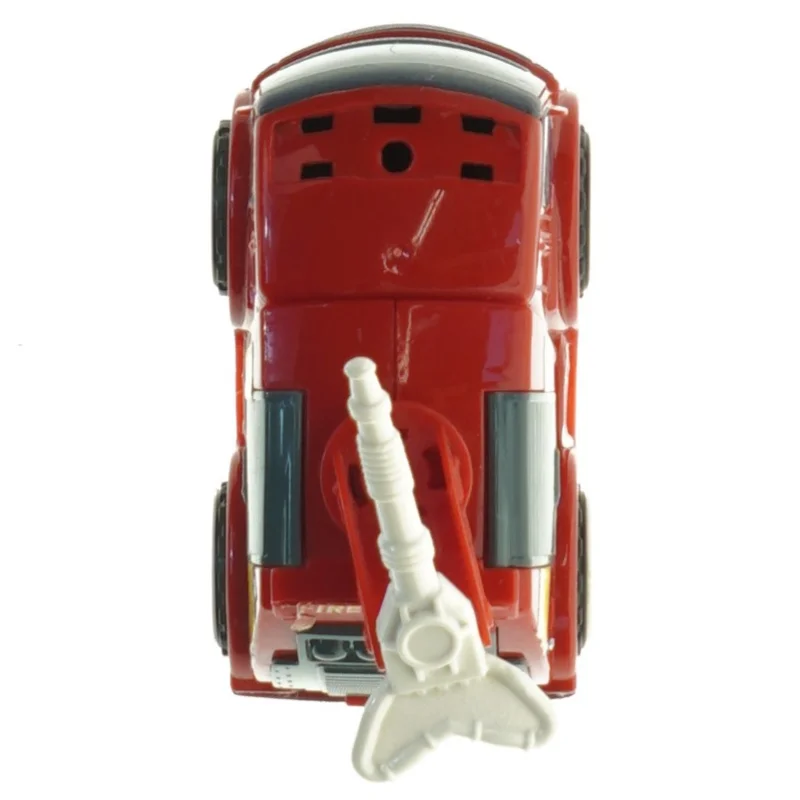 Brugt rød plastiklegetøjsbrandbil (str. 9 x 8,5 cm)