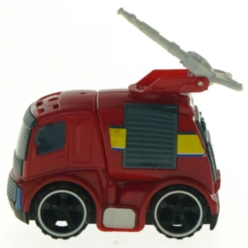 Brugt rød plastiklegetøjsbrandbil (str. 9 x 8,5 cm)