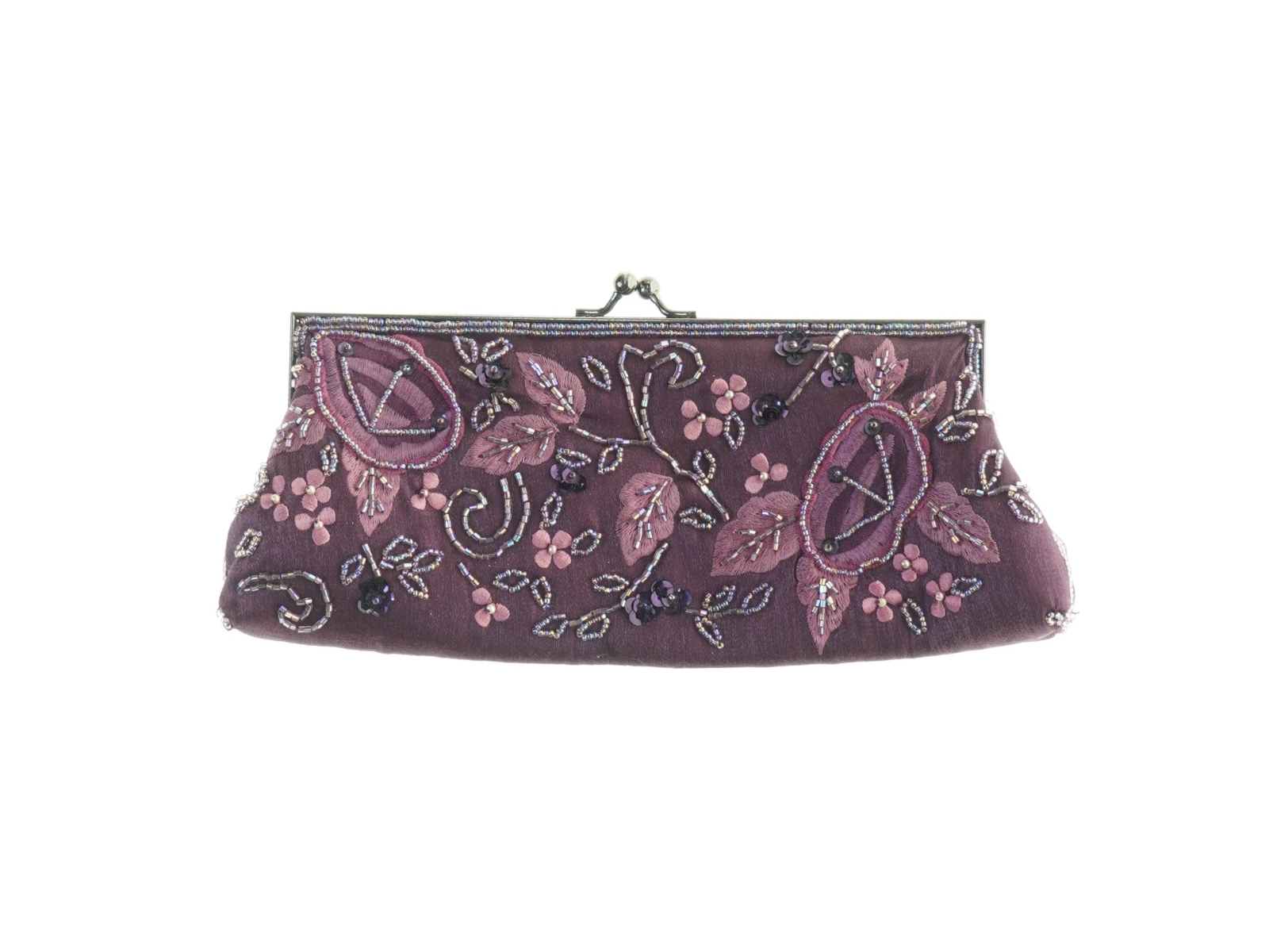 Broderet clutch i mørkelilla (str. 26 x 13 cm)