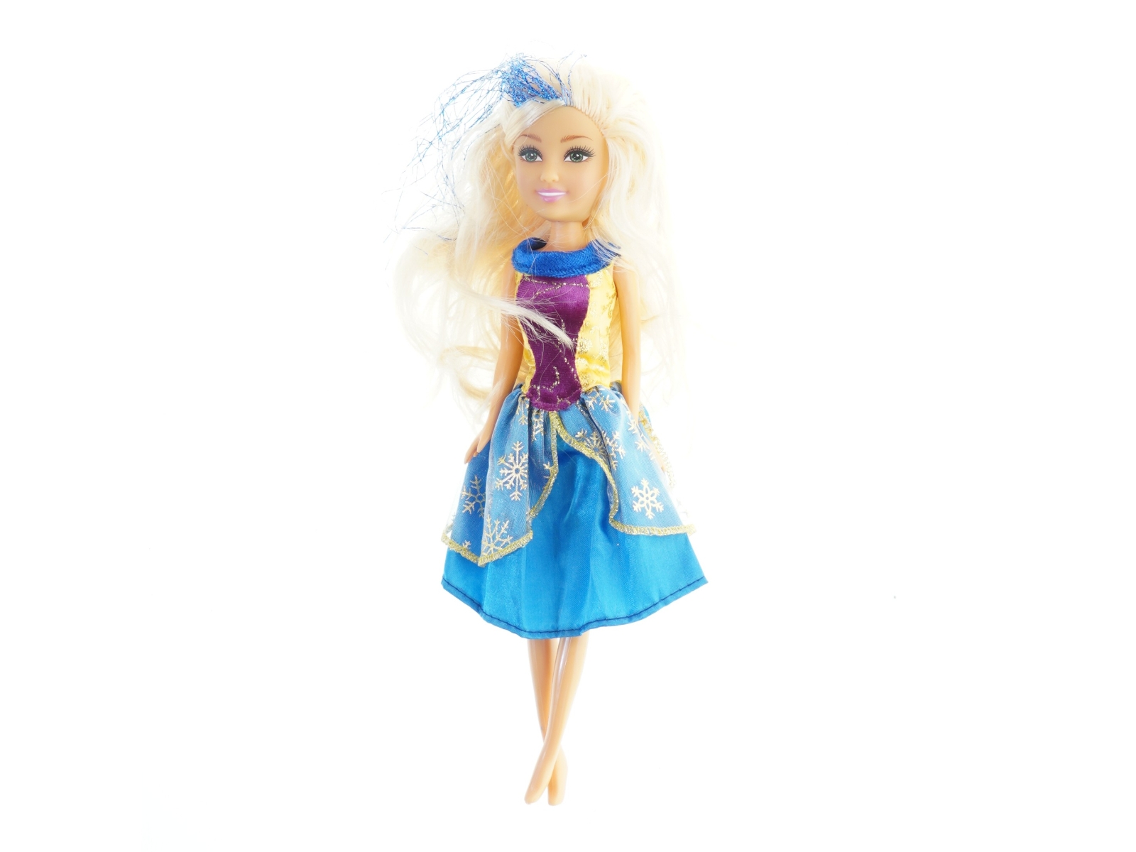 Dukke med farverig kjole (str. 27 cm)