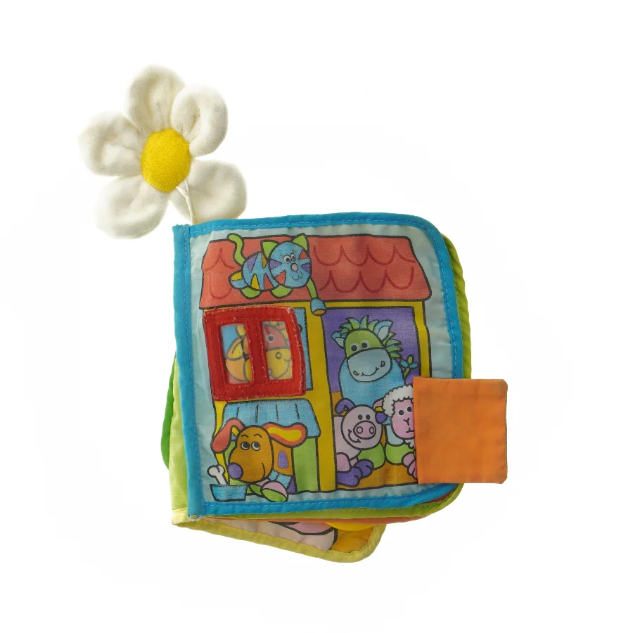 Stofbabybog med blomst (str. 13x13 cm)