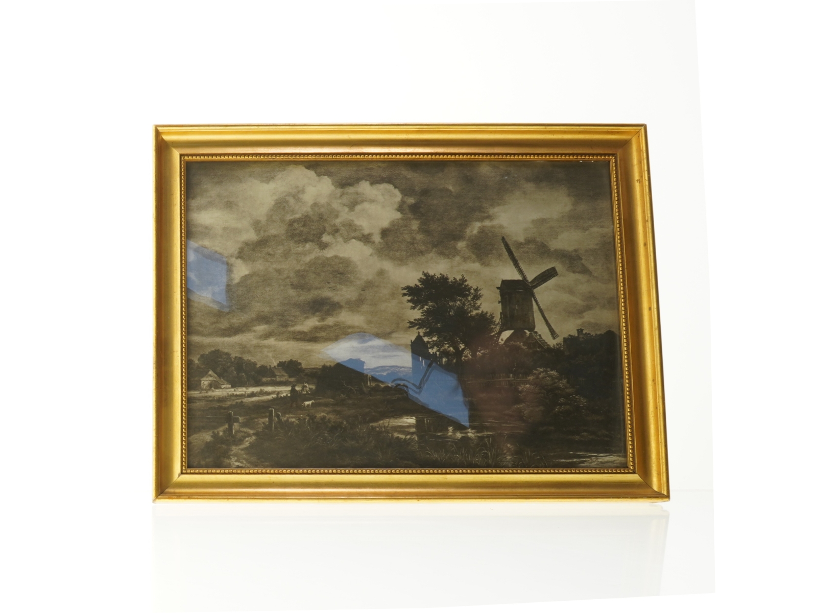 Indrammet landskabsbillede med mølle (str. 45 x 35 cm)