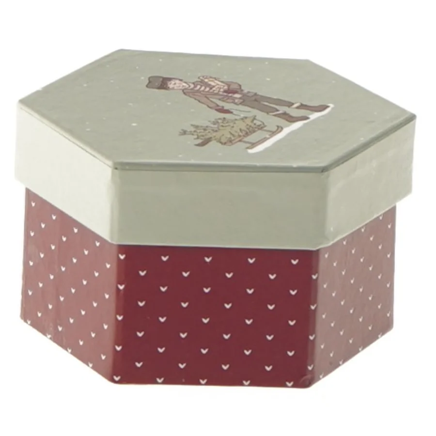 Hexagon æske med julemotiv (str. 5x8 cm)