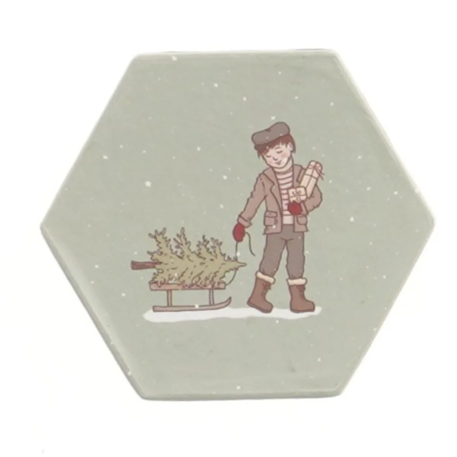 Hexagon æske med julemotiv (str. 5x8 cm)