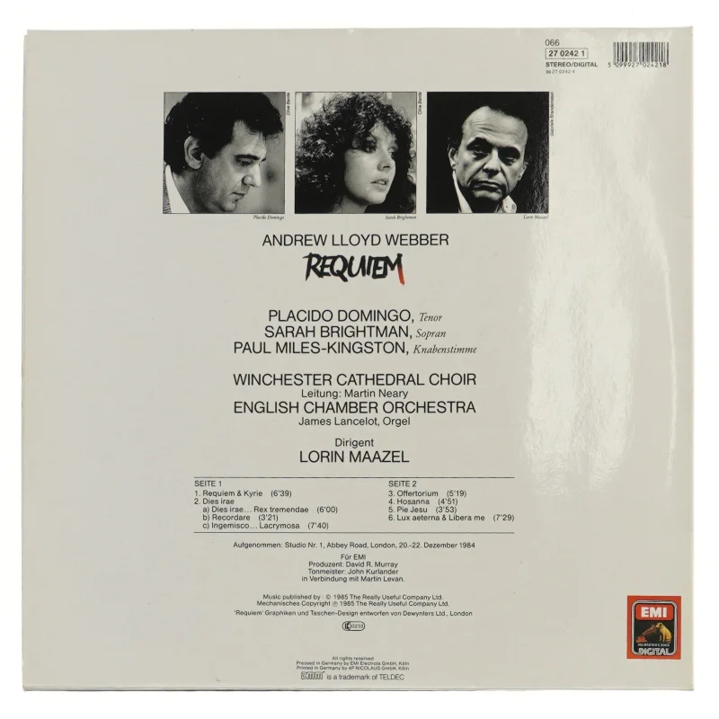 Andrew Lloyd Webber Requiem LP fra EMI Classics (str. 31,5x31 cm)