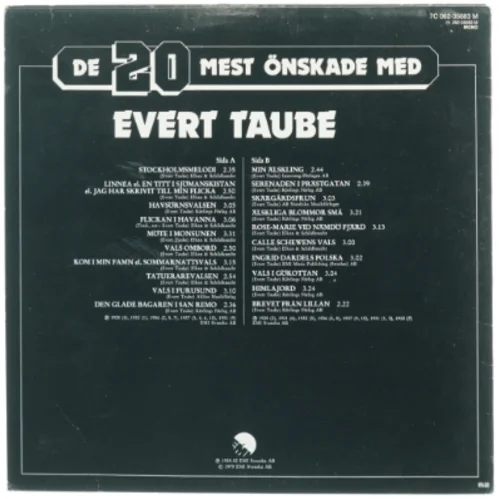 Evert Taube LP fra Warner Bros. Records (str. 31 x 31 cm)