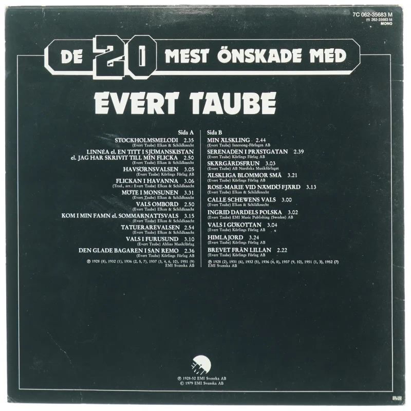 Evert Taube LP fra Warner Bros. Records (str. 31 x 31 cm)