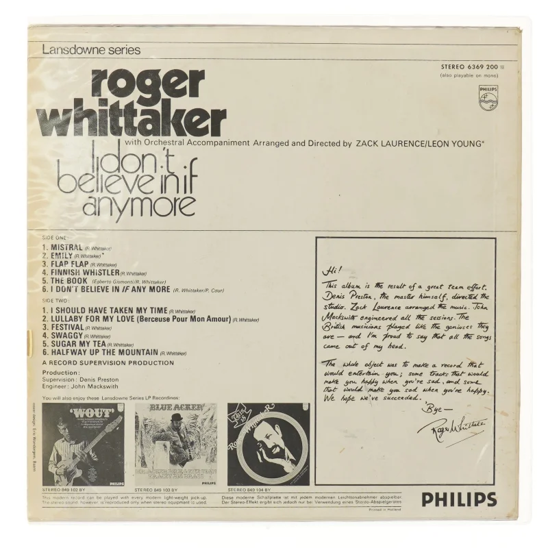 Roger Whittaker LP - I Don't Believe In If Anymore fra Philips