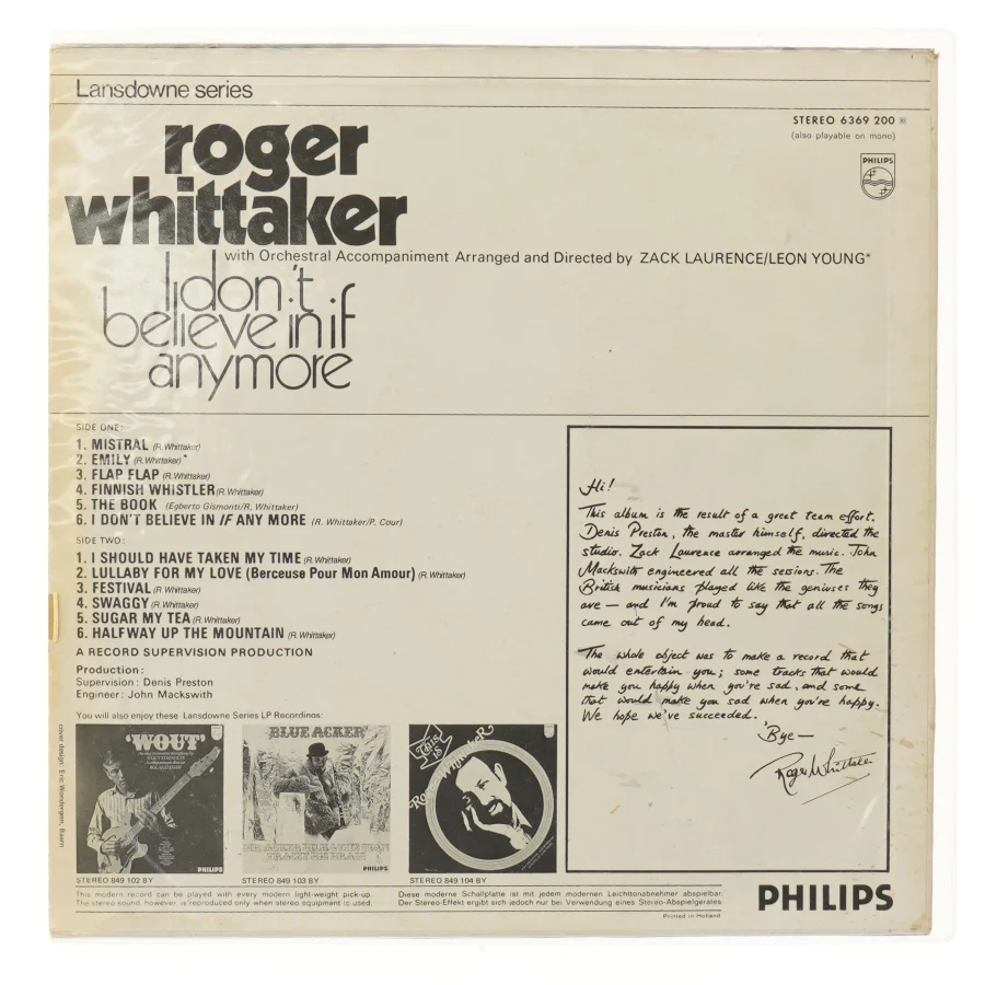 Roger Whittaker LP - I Don't Believe In If Anymore fra Philips
