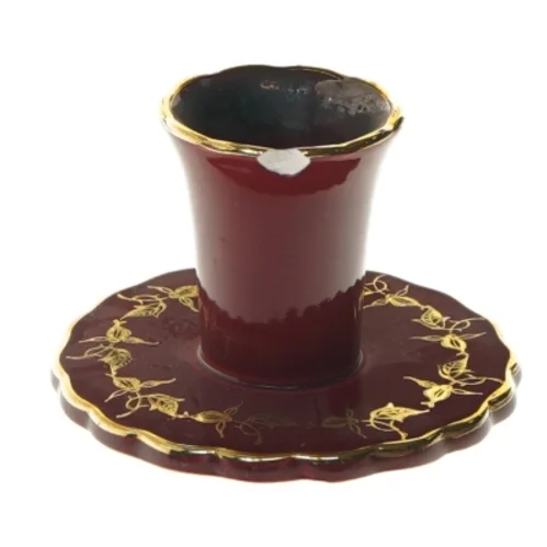 Lysestage med tallerken, rød og guld fra Søholm (str. 5,5 cm)