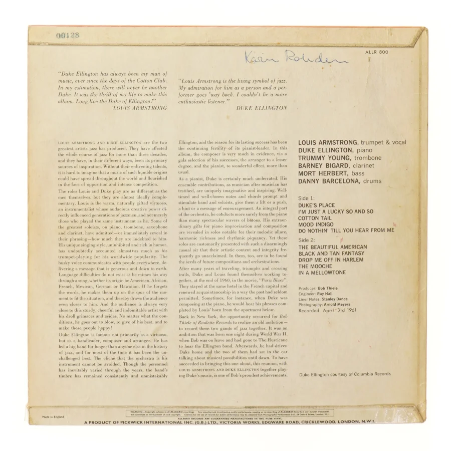Louis Armstrong & Duke Ellington vinyl fra Roulette