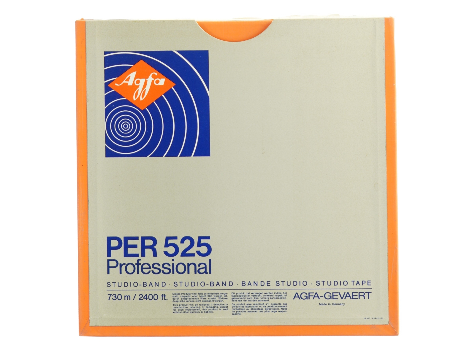 Agfa PER 525 studie Spolebånd 3 timer v 19cms plast NAB spole (str. 28 x 28 x 2 cm )