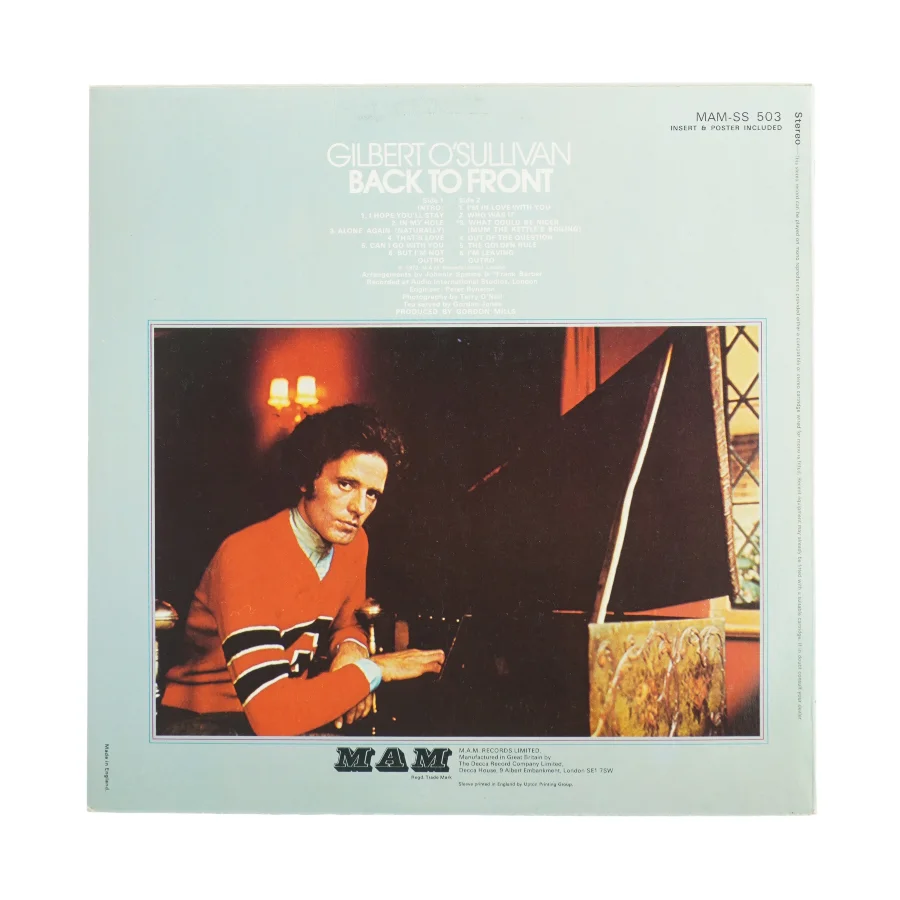 Gilbert O'Sullivan - Back to Front Vinyl LP fra MAM Records (str. 31 x 31 cm)
