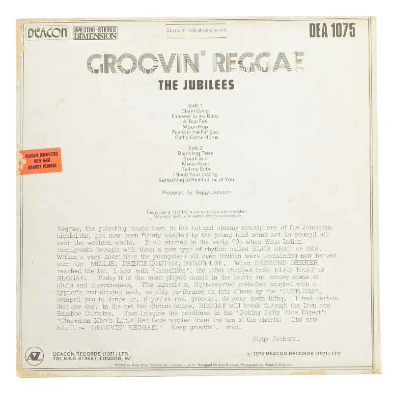 Groovin' Reggae LP af The Jubilees