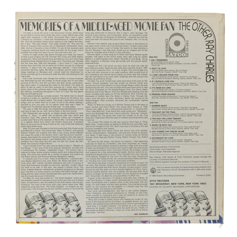 Ray Charles Memories of a middle aged movie fanLP