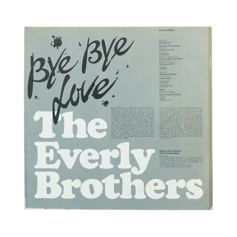 The Everly Brothers - Bye Bye Love vinylplade fra Warner Bros. (str. 31 x 31 cm)