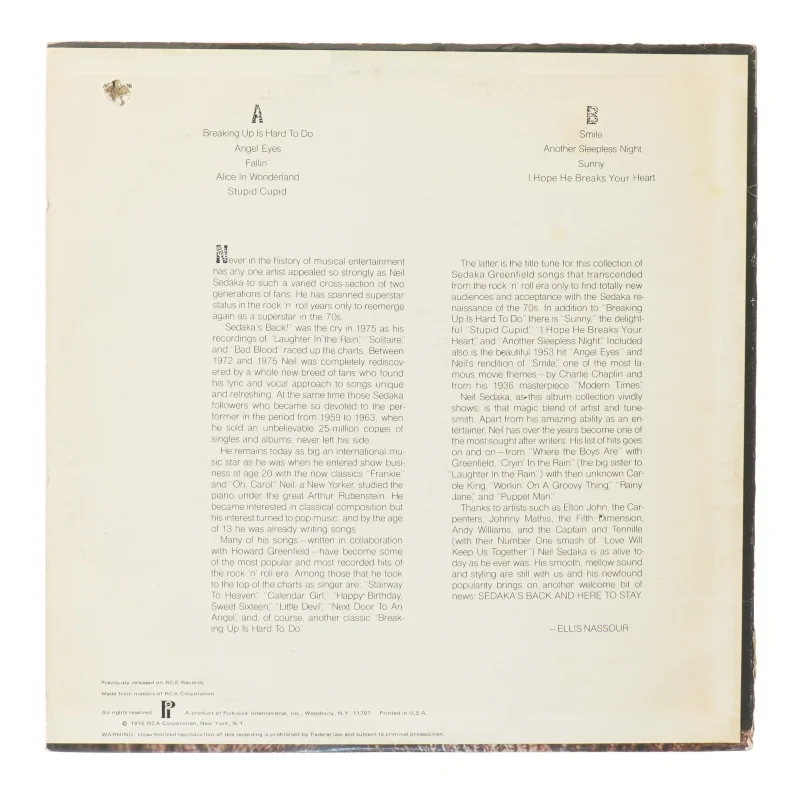 Neil Sedaka LP 'Breaking Up is Hard to Do'