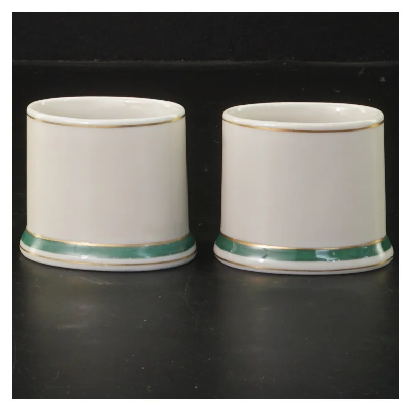 Små porcelæns krukker med grøn kant fra Københavns Porcellains Maleri (str. 6x7 cm)