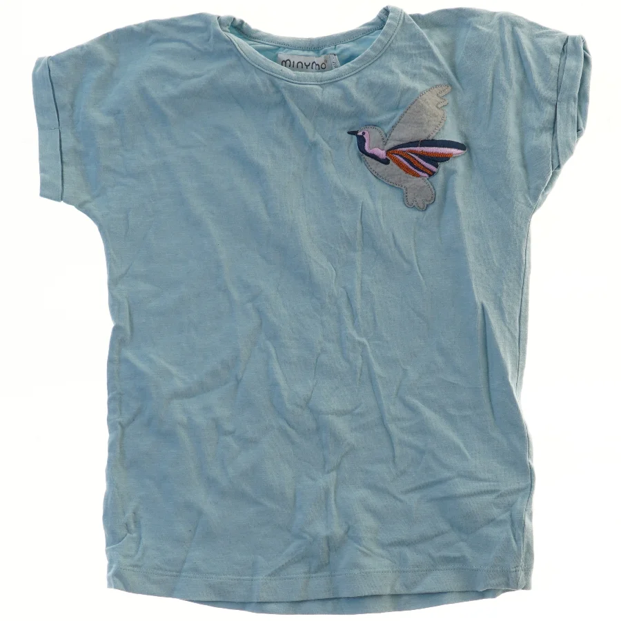Blå T-shirt med fuglemotiv fra Minymo (str. 122)