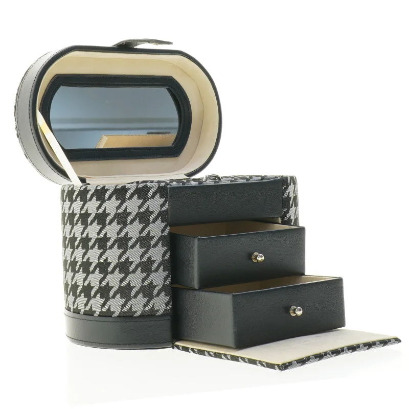 Sminketaske eller smykkeboks med houndstooth mønster (str. 21,5 x 12 x 15,5 cm)