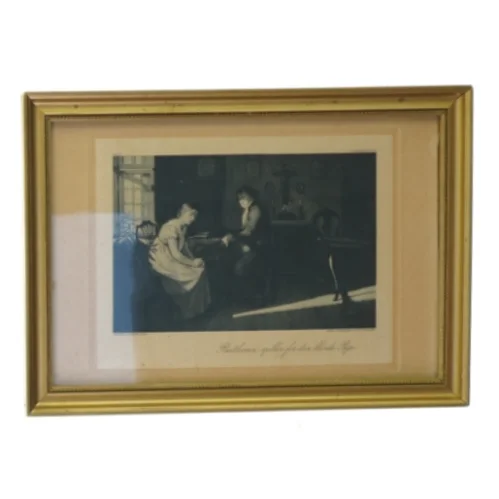 Gammel gylden træramme med billede “Beethoven spiller for den blinde pige” Carl Stenders Forlag  (27 x 20 cm)