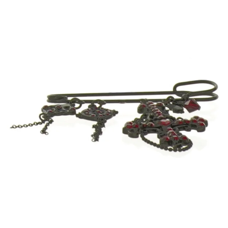 Broche / sikkerhedsnål med sort og rød simili (str. 7 cm)