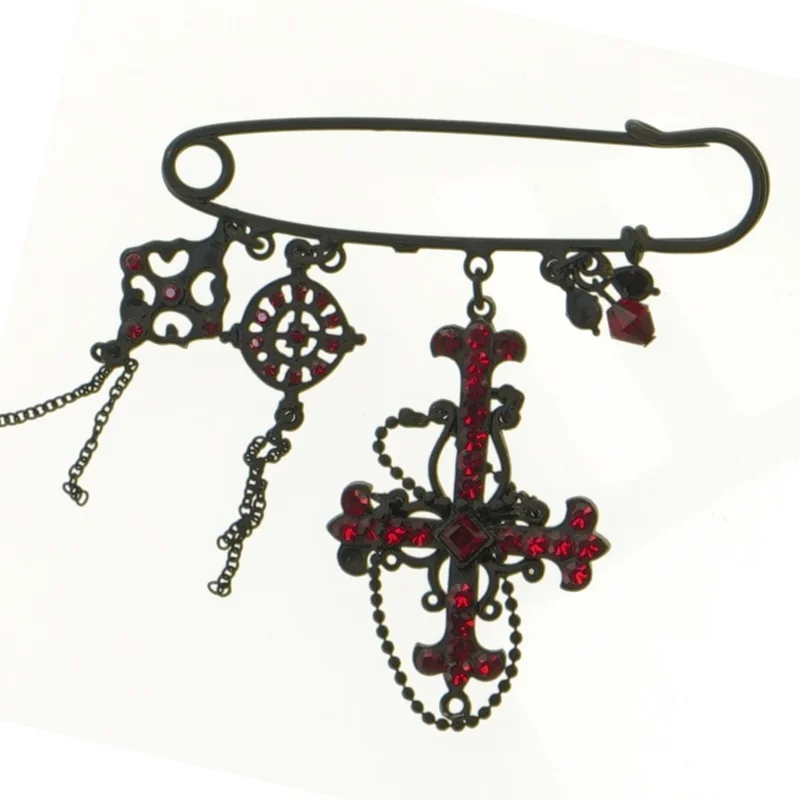 Broche / sikkerhedsnål med sort og rød simili (str. 7 cm)