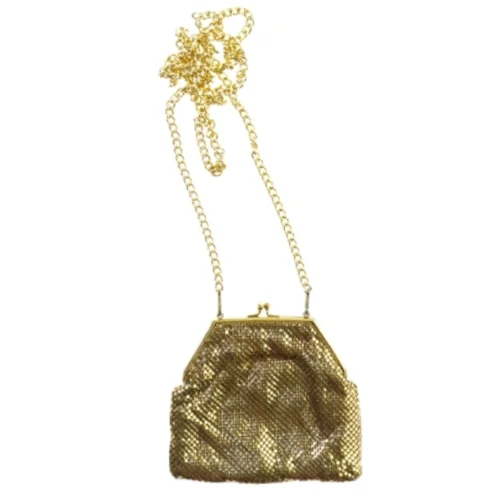 Selskabstaske i guld-metal med lang kæde (str. 15 x 14 cm)