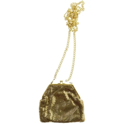 Selskabstaske i guld-metal med lang kæde (str. 15 x 14 cm)