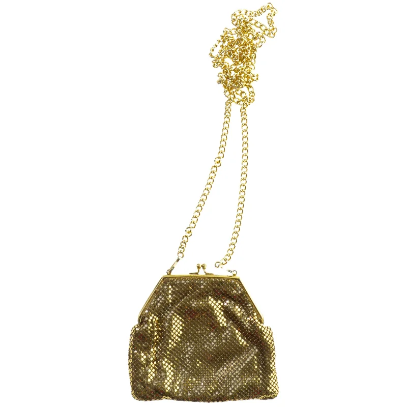 Selskabstaske i guld-metal med lang kæde (str. 15 x 14 cm)