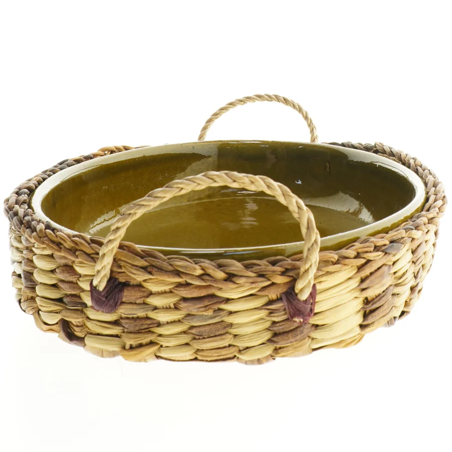 Flettet kurv med keramisk fad (str. 37,5x26 cm)