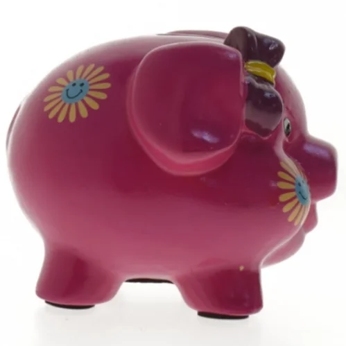 Lyserød sparegris med blomster (str. 14 cm)