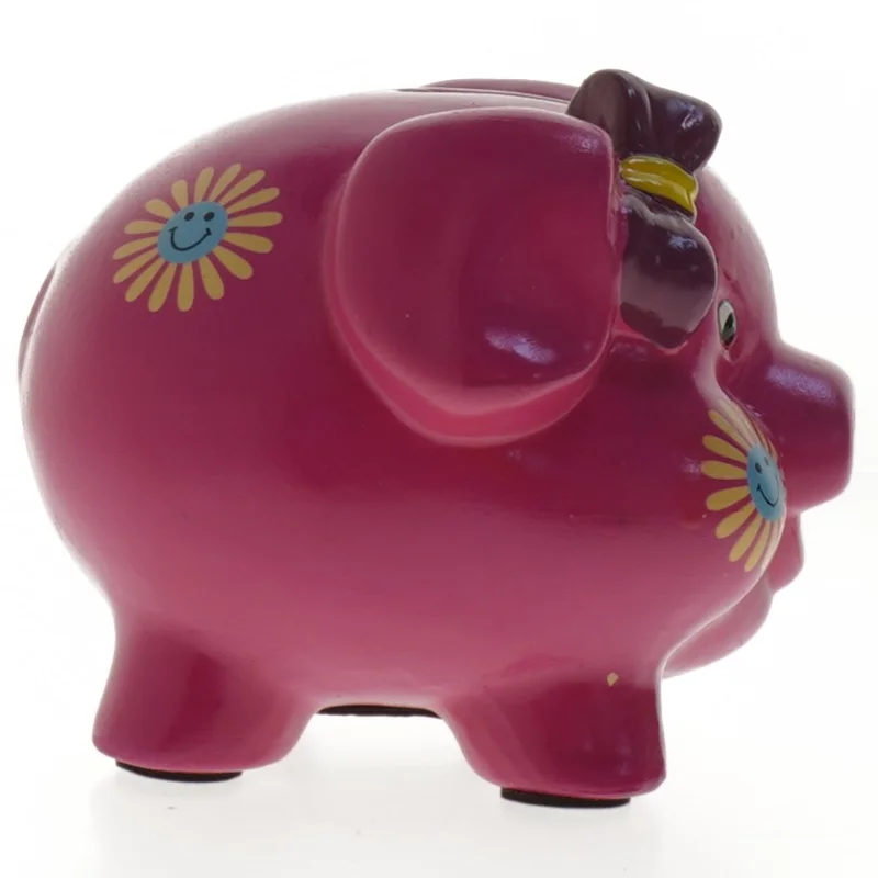 Lyserød sparegris med blomster (str. 14 cm)