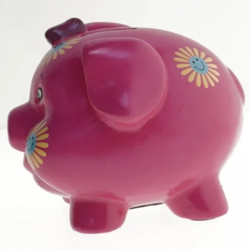 Lyserød sparegris med blomster (str. 14 cm)