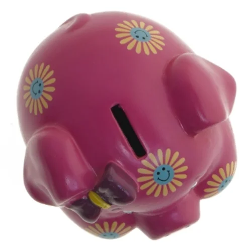 Lyserød sparegris med blomster (str. 14 cm)