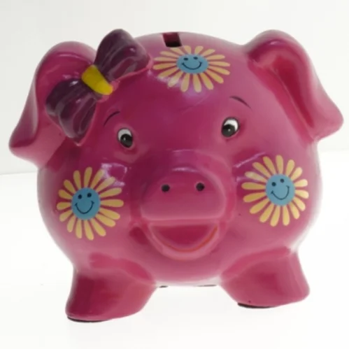 Lyserød sparegris med blomster (str. 14 cm)