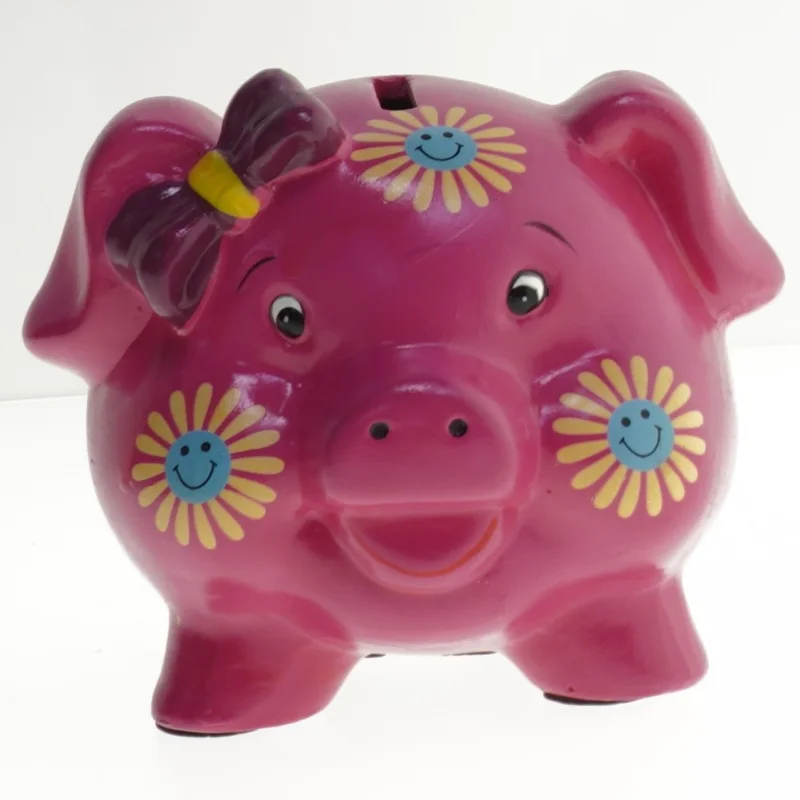 Lyserød sparegris med blomster (str. 14 cm)