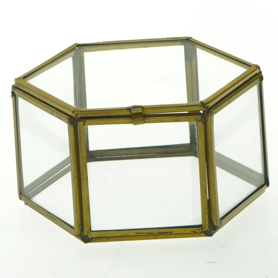 Hexagon glasbeholder med messingramme (str. Ø 9,5 cm)