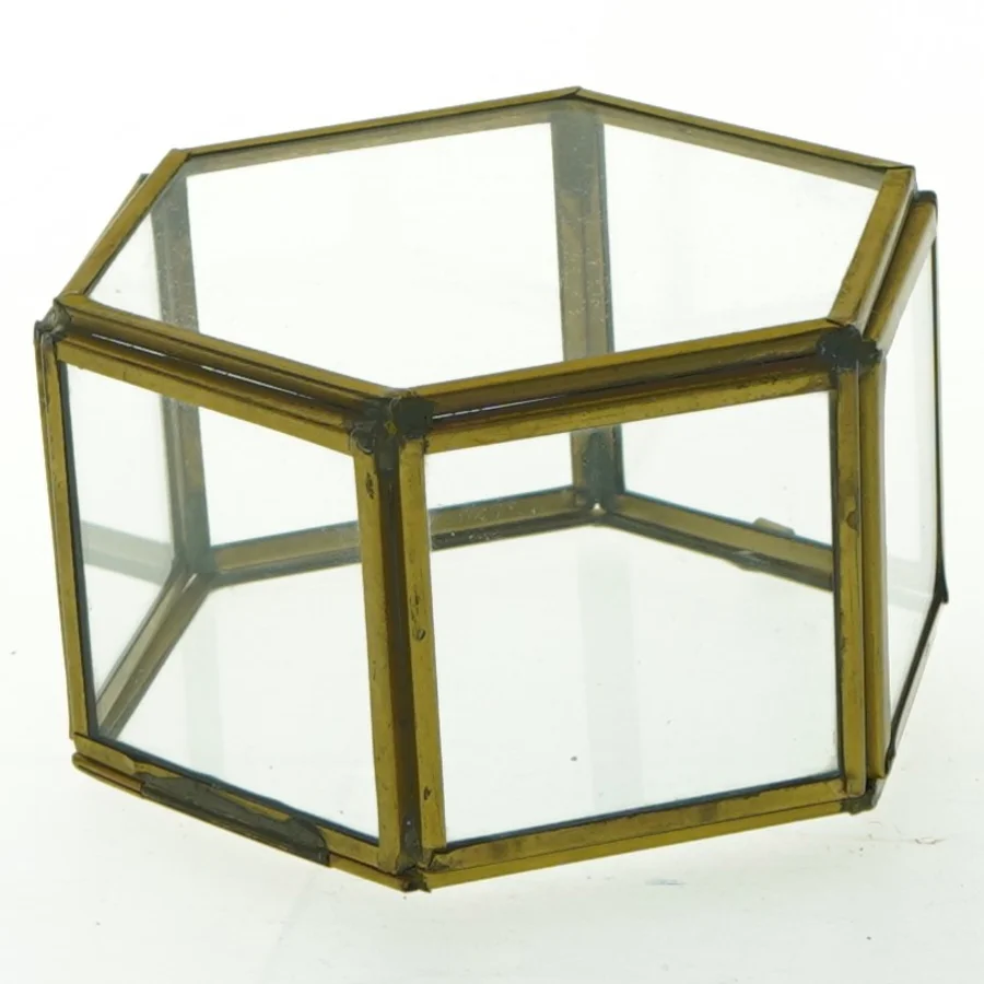 Hexagon glasbeholder med messingramme (str. Ø 9,5 cm)