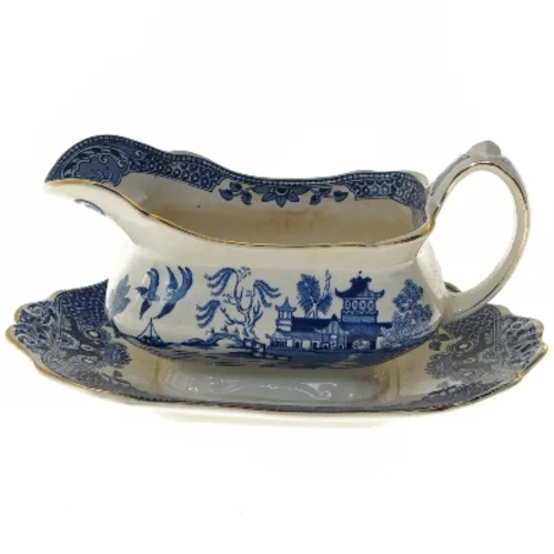 Porcelæns sovseskål med underfad fra Willow (str. 20 cm)