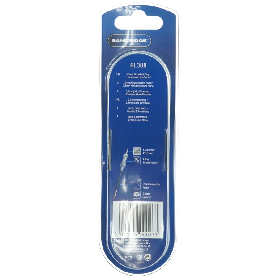 3,5mm mono lydkabel fra Bandridge (str. 3 m)