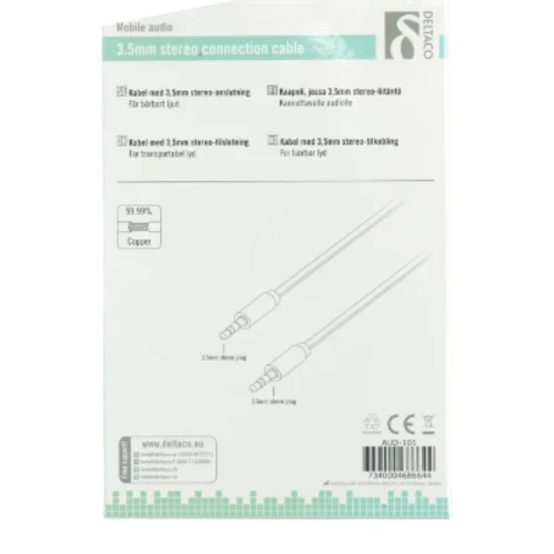 3,5mm stereo tilslutningskabel fra Deltaco (str. 1 m)