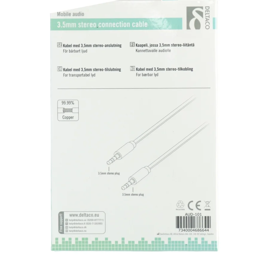 3,5mm stereo tilslutningskabel fra Deltaco (str. 1 m)