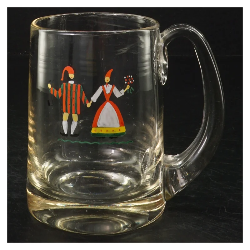 Glaskrus med folkekunstmotiv (str. H. 11 cm. ø. 8 cm)