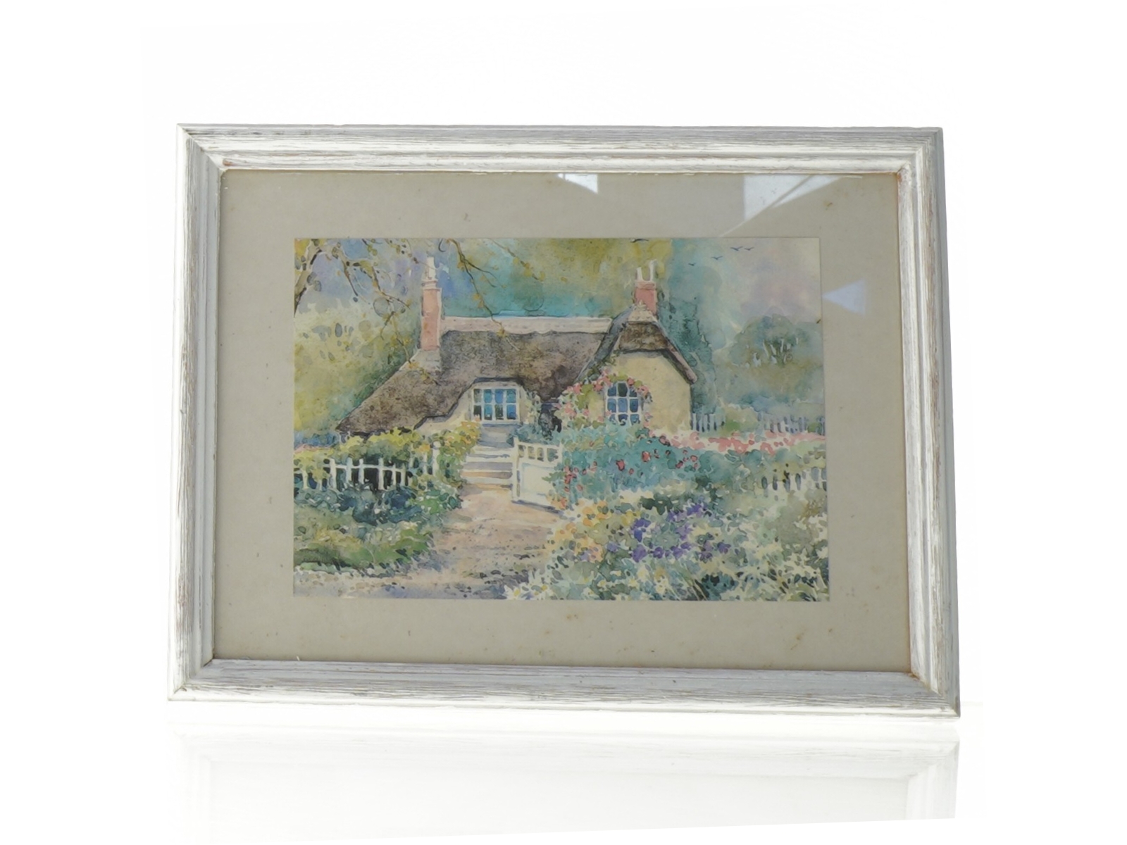 Indrammet akvarel af landhus (str. 27 x 20 cm)