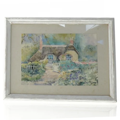 Indrammet akvarel af landhus (str. 27 x 20 cm)