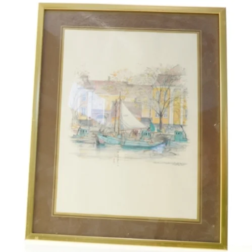 Indrammet tegning af havnemotiv (str. 47 x 37 cm)