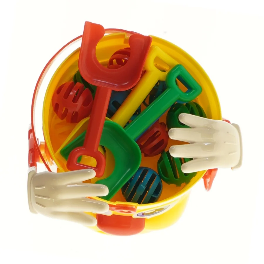 Plastik legetøjs spand med tilbehør (str. 15 cm)